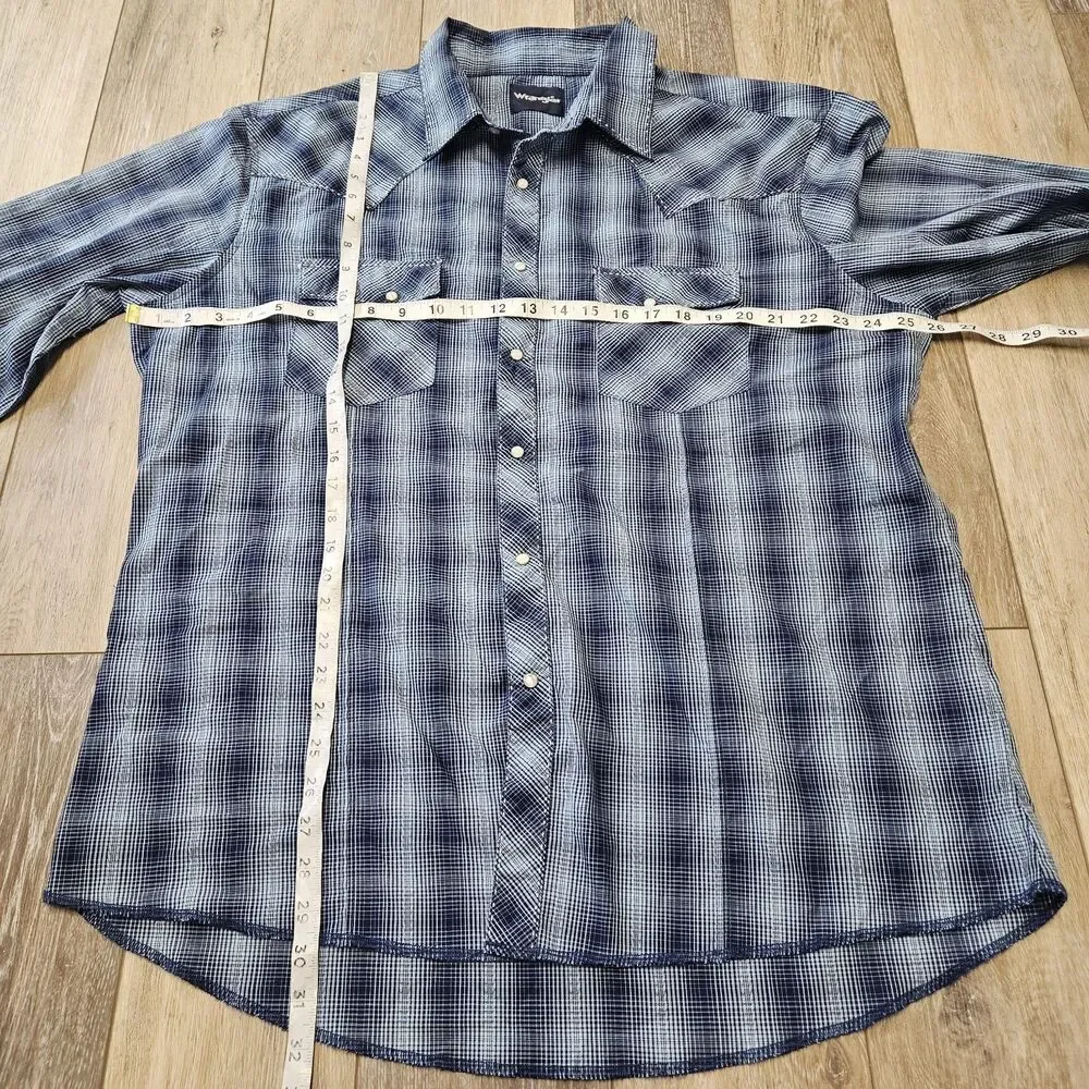 Wrangler Western Pearl Snap Blue Plaid Button Up Shirt Men's Medium Retro